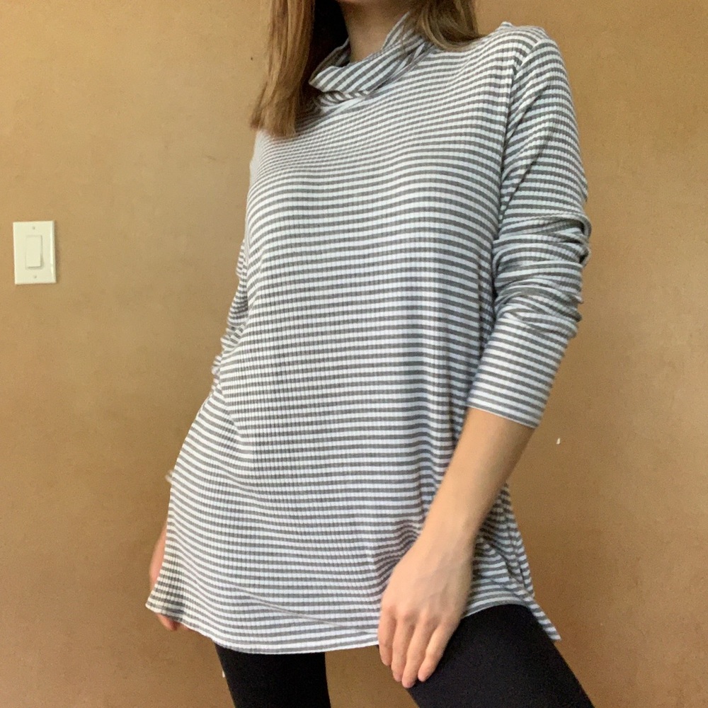 Grey and white striped turtleneck sweater